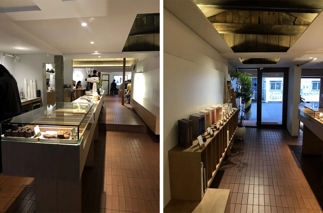 Original two-panel photograph of PONT Yongsan’s long coffee bar, timber floor and retail bean shelves.