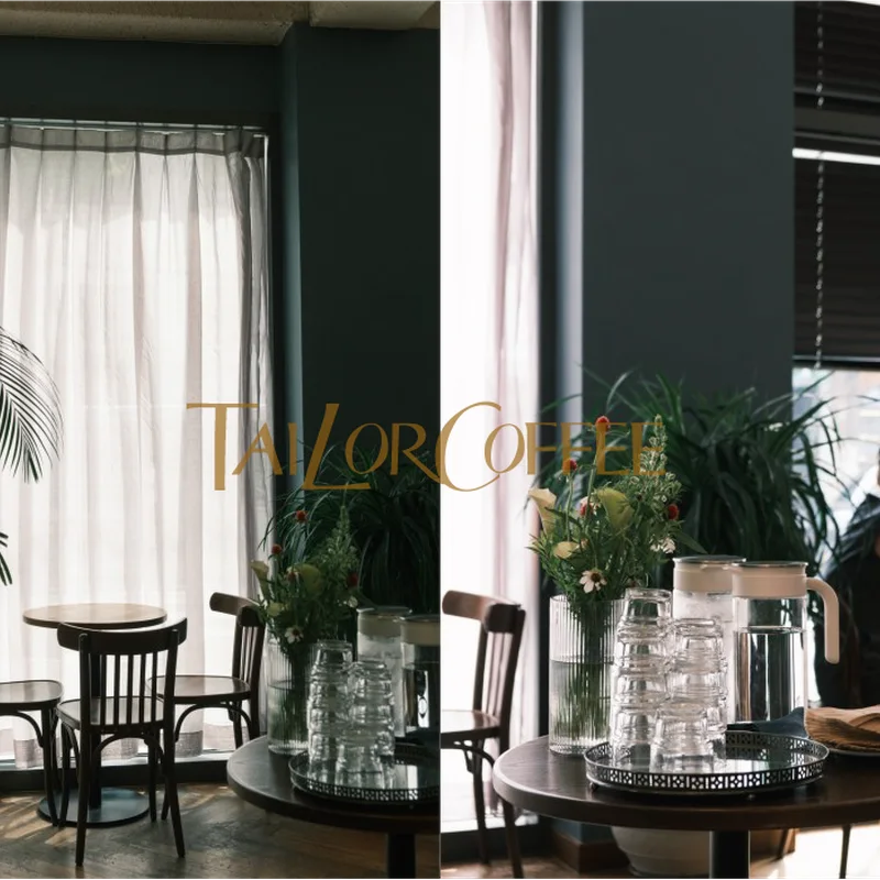 A green wall and window-side table at Tailor Coffee Yeonnam, with the original Tailor Coffee overlay visible.